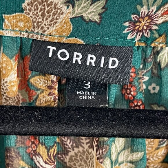 TORRID Plus 3X Green Floral Long Sleeve Blouse V Neck Tie Front Shirt Top - Picture 6 of 12